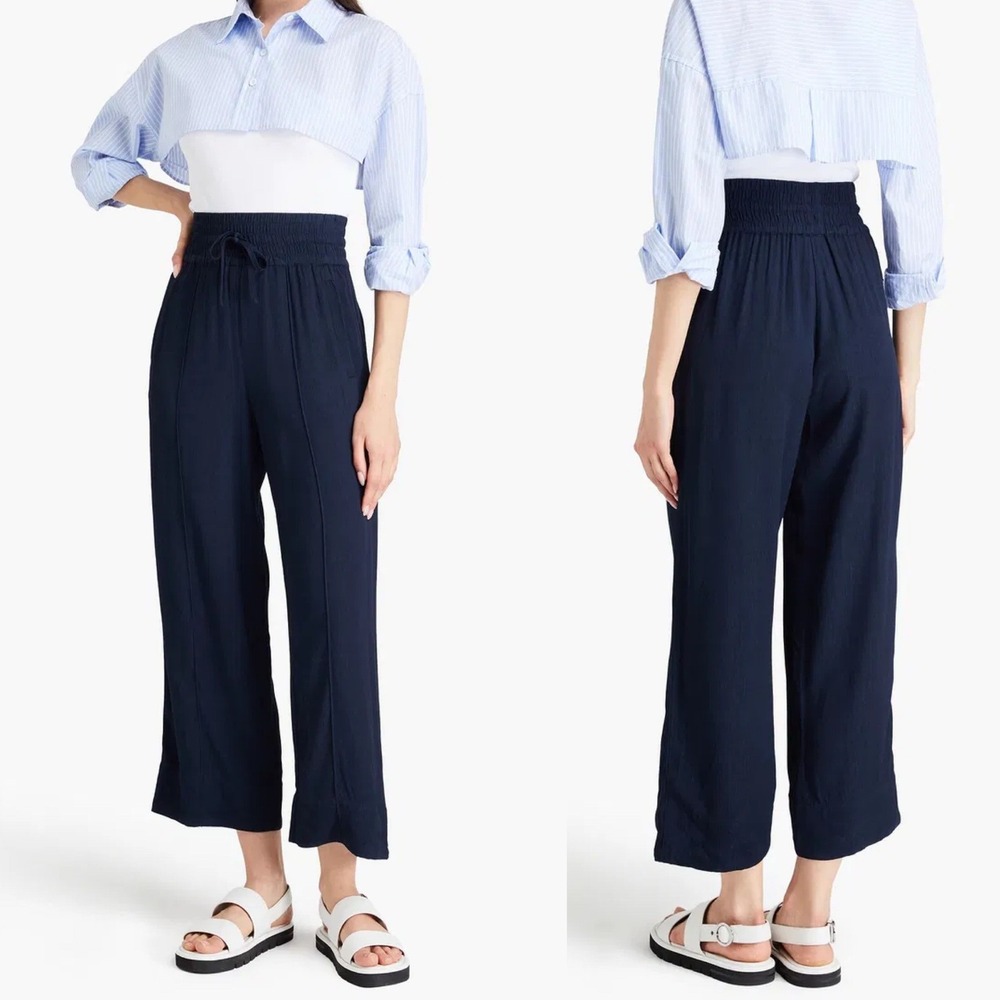 GANNI Jacquard Wide Leg Pants Blue Womens 34 Crop Pockets Minimalist Drawstring